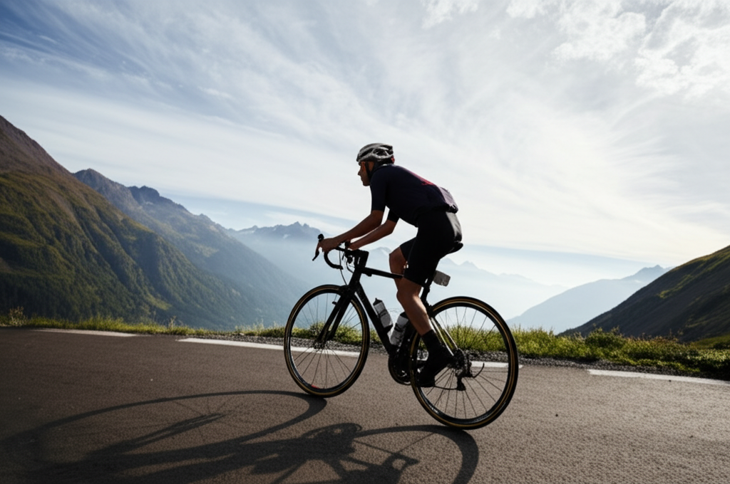 Cyclist on road calculating carbohydrate needs